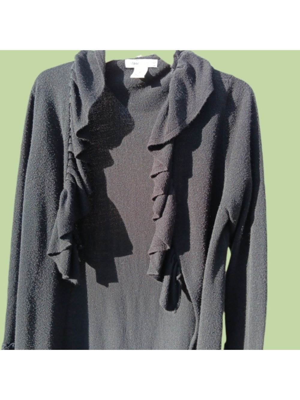 Vintage Suzie Black Open Front Cardigan Sweater Ruffles At Neck & Wrist Size M